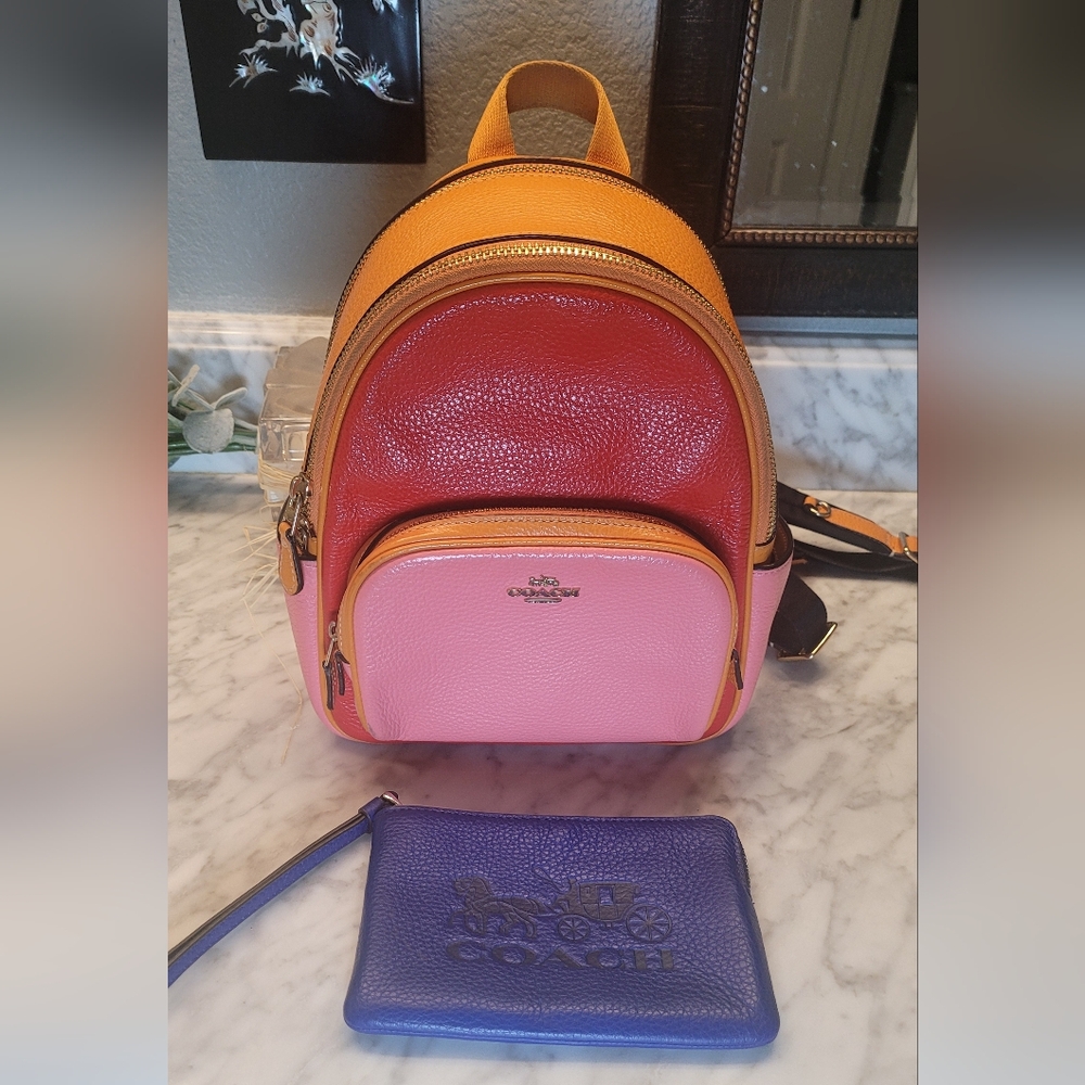 Coach Colorblock Andi Leather Backpack With Blue Wristlet EUC 🩷🧡❤️💙